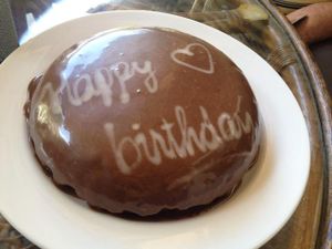 coconut birthday cake with chocolate frosting! : D  at Karma Waters in Hoi An