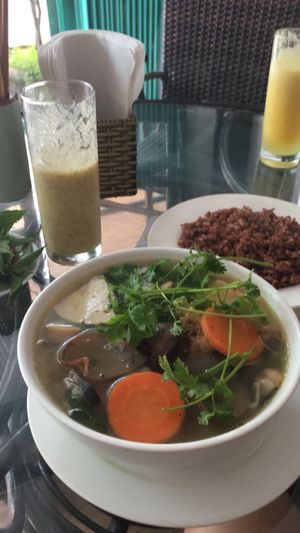 Traditional pho and mixed fruit smoothie at Karma Waters in Hoi An