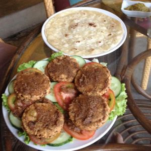 Mushroom patties & roti with chutney side at Karma Waters in Hoi An