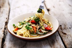 Pasta with roasted vegetables and regional Polish cheese / vegetarian at Cafe Kulturalna in Warsaw