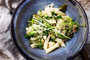 3 beans pasta (broad beans, green beans, mangetout) with regional goat cheese / vegetarian at Cafe Kulturalna in Warsaw