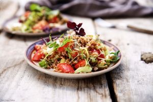 Bulgur salad with feta cheese, tomatoes, green beans, cucumber and lemon dressing / vegetarian at Cafe Kulturalna in Warsaw