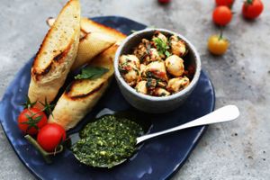 Marinated mini mozzarellas, basil pesto, toasted bread at Cafe Kulturalna in Warsaw