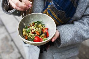 Warm barley salad with roasted vegetables and basil pesto at Cafe Kulturalna in Warsaw
