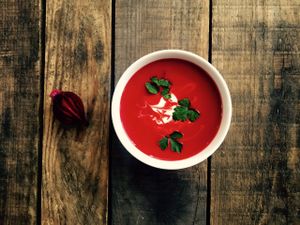 Creamy beetroot soup with croutons at Cafe Kulturalna in Warsaw