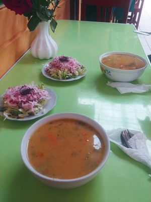 Soup and salad at Comedor Vegetariano in Huaraz