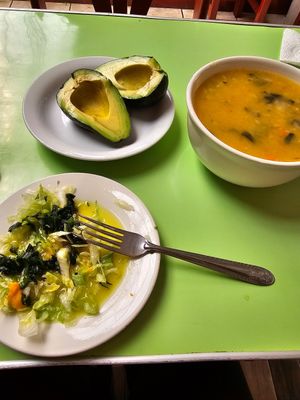Salad, avocado and soup at Comedor Vegetariano in Huaraz
