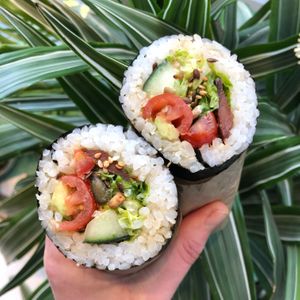 BLT - Sushi Burrito.  Smokey maple Bakon, Garlic Mayo, tomato, avocado, lettuce, toasted tamari seeds, cucumber & soy sauce.  at Happy Maki in Brighton