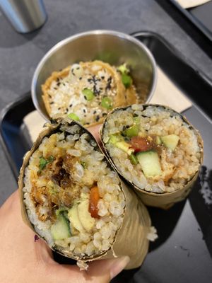 Hoisin duck roll, caulipop roll and loaded tofu pockets at Happy Maki in Brighton