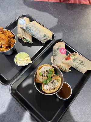 Rainbow roll, sweet chilli chick and sides. at Happy Maki in Brighton