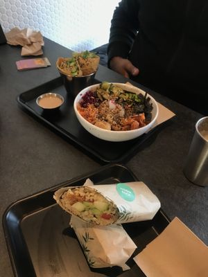 Hoisin duck sushi burrito, and fully loaded sushi bowl with loaded inari and satay sauce  at Happy Maki in Brighton