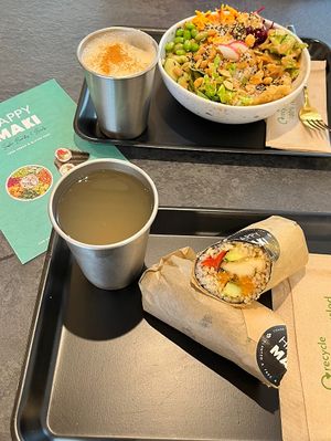 Sushi bowl, banana milkshake, fully loaded sushi burrito and urban cordial   at Happy Maki in Brighton