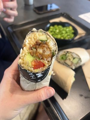 Up close Caulipop Sushi Burrito   at Happy Maki in Brighton