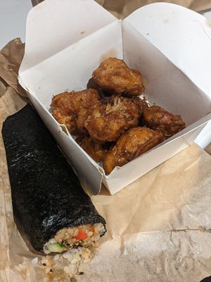 Sushi burrito with cauliflower bites (takeaway) at Happy Maki in Brighton