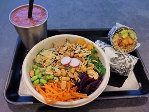 Berry smoothie, mango chicken bowl, sweet potato burrito at Happy Maki in Brighton