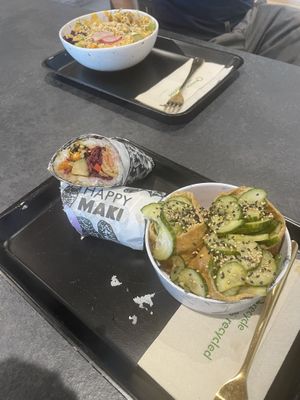 Near - burrito and inari pockets. Far - Buddha bowl  at Happy Maki in Brighton