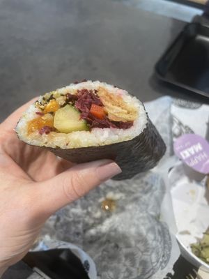 Beet + basil satay with avo subbed with tofu  at Happy Maki in Brighton