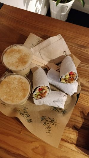 Tumeric latte, faux duck wrap, rainbow roll wrap at Happy Maki in Brighton