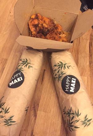 Sushi burritos and popcorn cauliflower  at Happy Maki in Brighton