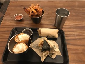 Hoisin menu, fried sweet potatoes, sweet chili sauce and teriyaki home-made sauces at Happy Maki in Brighton