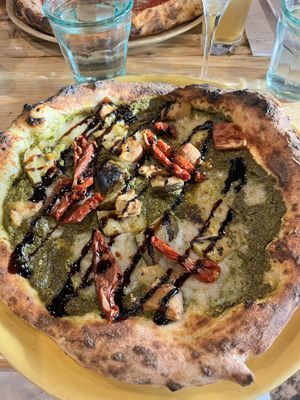 Pesto pizza with sausage crumbles   at Purezza in Brighton