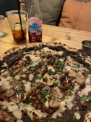 Black truffle pizza, pesto dip, karma cola   at Purezza in Brighton