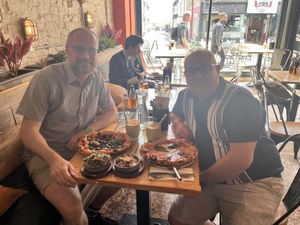 Four Seasons Pizza, Marguerite, Potatoes, Courgette spaghetti & fatigue fighter smoothies.  at Purezza in Brighton