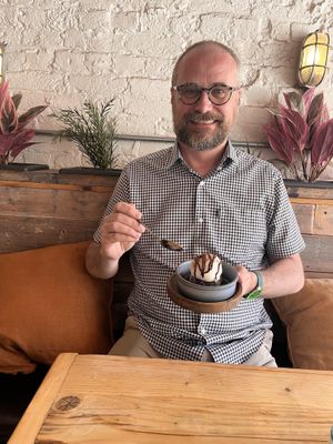 Brownie and vanilla ice cream for my birthday  at Purezza in Brighton