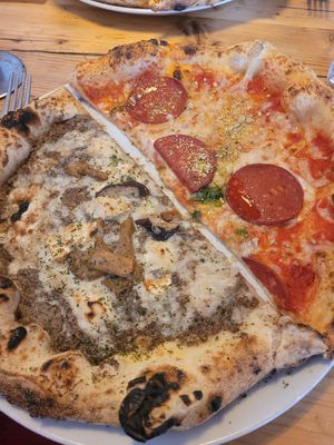 Truffle and mushroom and peperoni and cheese pizzas at Purezza in Brighton