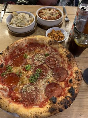 Peperoni pizza, harissa corn mix, potatoes and vegan meatballs    at Purezza in Brighton