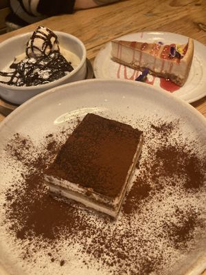 Tiramisu, brownie with honeycomb icecream, NY cheesecake  at Purezza in Brighton