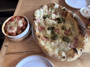 Meatballs & pistachio pizzaa  at Purezza in Brighton