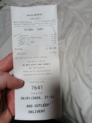 Receipt at Purezza in Brighton