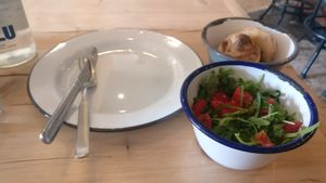 Pizza dough balls and small salat at Purezza in Brighton