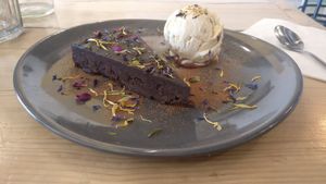 Orange and chocolate cake with vanilla ice-cream  at Purezza in Brighton