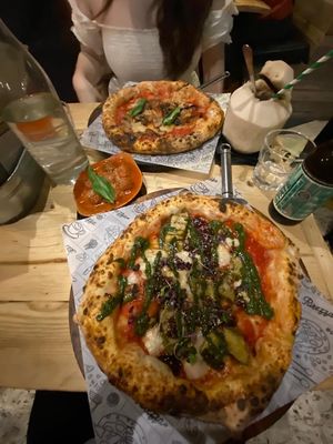 Pesto pizza (onions are v sweet) and parmigiana pizza with side of meatballs😄 at Purezza in Brighton