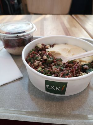 Red rice, raisins hummus and salad mix. Overnight oat with jam and chocolate at CDG - EXKi - T2F in Roissy-en-france