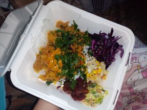 Soya chicken with rice and salads at Pomylone Gary in Lublin