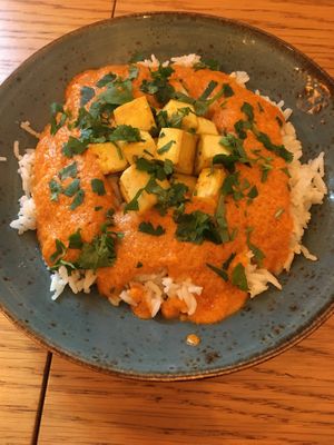 Tofu, rice and curry in red medium spicy sauce  at Veggic in Plovdiv