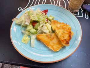 Vegan fried cheese with salad at Veggic in Plovdiv