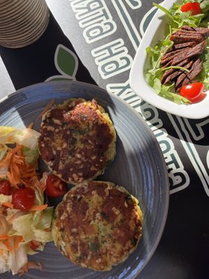 Potato cakes and flat vegan sausage (like salami)   at Veggic in Plovdiv