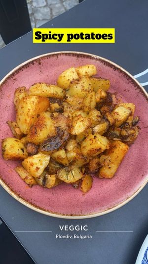 Spicy potatoes, “sausage” and mushroom  at Veggic in Plovdiv
