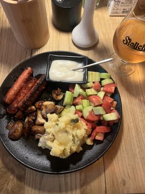 Sausages with potato salad  at Veggic in Plovdiv