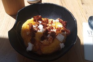 Kačamak with crispy seitan and vegan feta at Veggic in Plovdiv