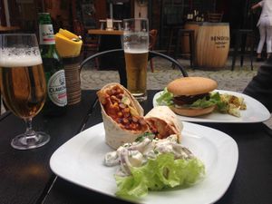 Burrito with delicious potato salad and the burger with potatoes at Veggic in Plovdiv
