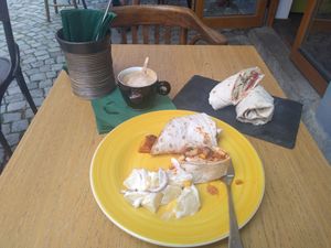 Burrito and kofta wrap. The burrito is the same size as the kofta but it's a main, so is double the price. Still very cheap with conversion rate (to pounds). at Veggic in Plovdiv