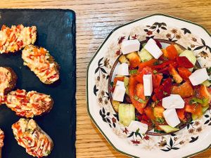 Salad and vegan cheese tapas at Veggic in Plovdiv