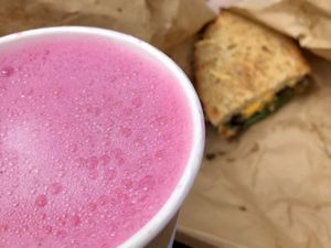 Beetroot latte (made with almond milk) and mushroom melt at Chia Naturally Healthy in Hitchin