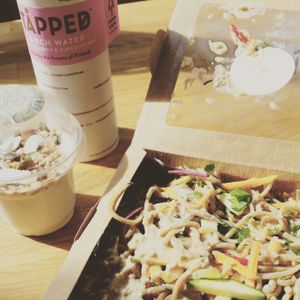 awesome noodle salad, coconut yogurt and birch water  at Chia Naturally Healthy in Hitchin