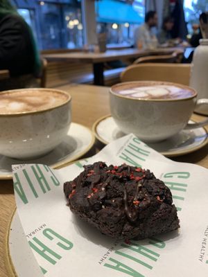 Chocolate brownie, hot chocolate & pumpkin spiced latte  at Chia Naturally Healthy in Hitchin